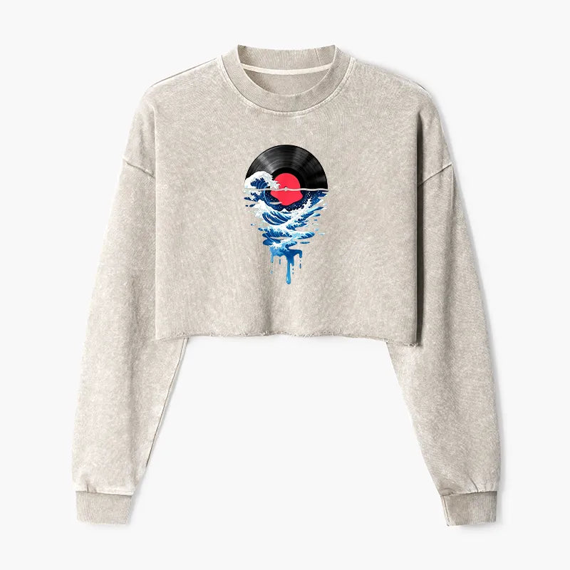Kyoto-Lion Vinyl Records And Waves Washed Crop Sweatshirt