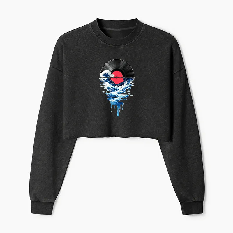 Kyoto-Lion Vinyl Records And Waves Washed Crop Sweatshirt