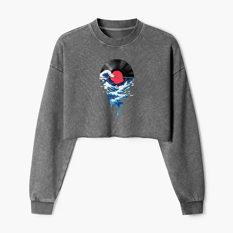 Kyoto-Lion Vinyl Records And Waves Washed Crop Sweatshirt