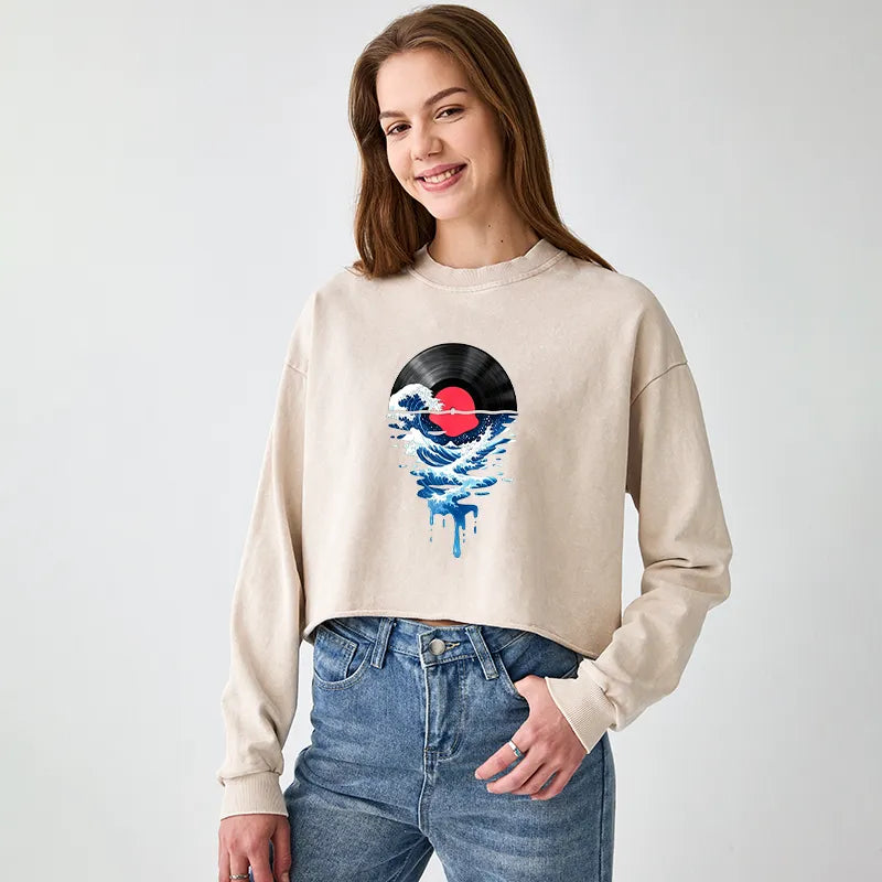 Kyoto-Lion Vinyl Records And Waves Washed Crop Sweatshirt