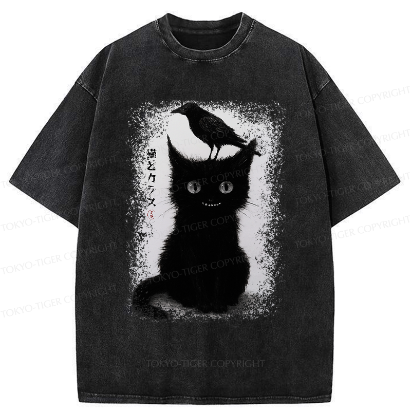 Kyoto-Lion Funny Cat And Crow Washed T-Shirt