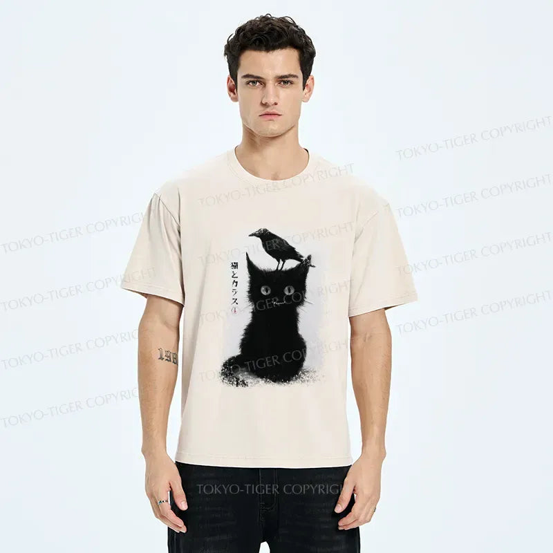 Kyoto-Lion Funny Cat And Crow Washed T-Shirt
