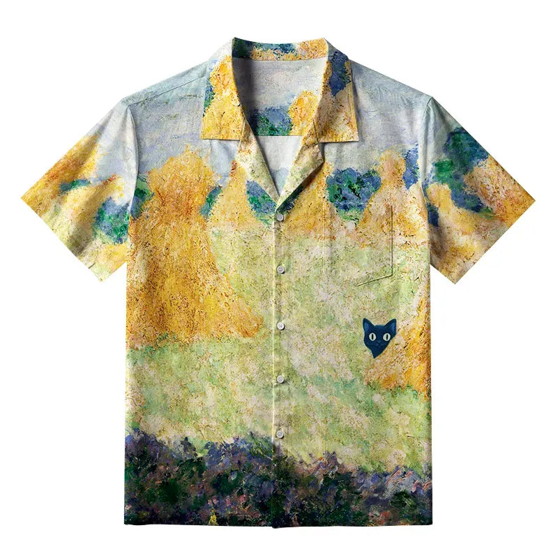 Kyoto-Lion Black Cat Hiding Behind Haystack Aloha Hawaiian Shirt
