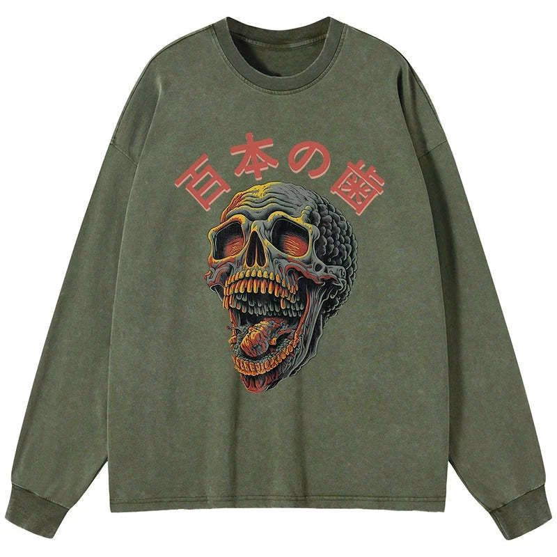Japanese Skull Washed Long Sleeve T-Shirt