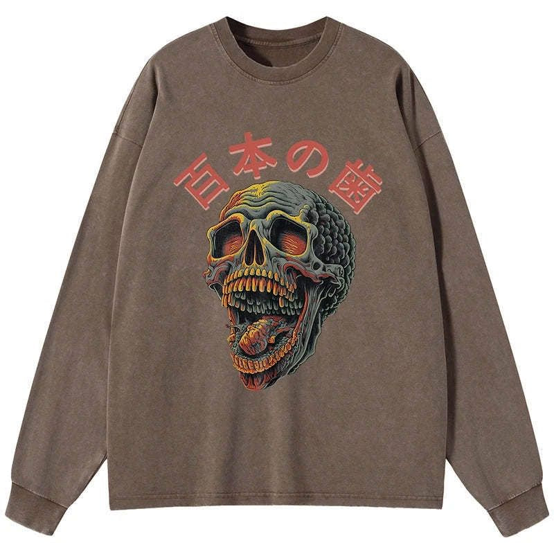 Kyoto-Lion Terrifying And Disgusting Skull Washed Long Sleeve T-Shirt