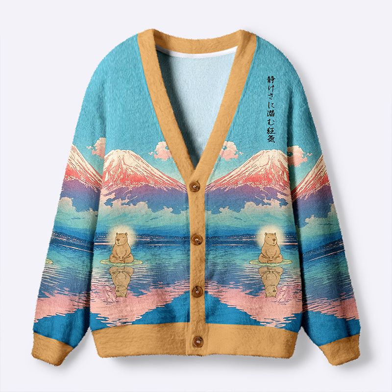 Kyoto-Lion Zen Whispers Of Capybara And Fuji Ugly Cardigan Sweater