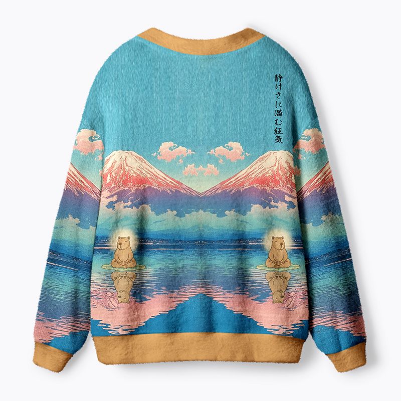 Kyoto-Lion Zen Whispers Of Capybara And Fuji Ugly Cardigan Sweater