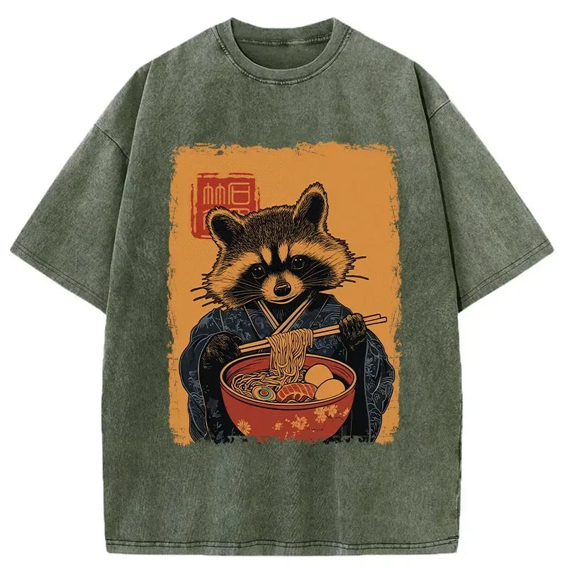Japanese raccoon ramen washed t-shirt
