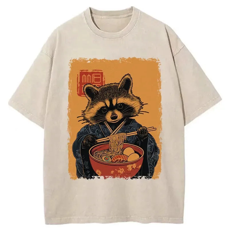 Japanese raccoon ramen washed t-shirt