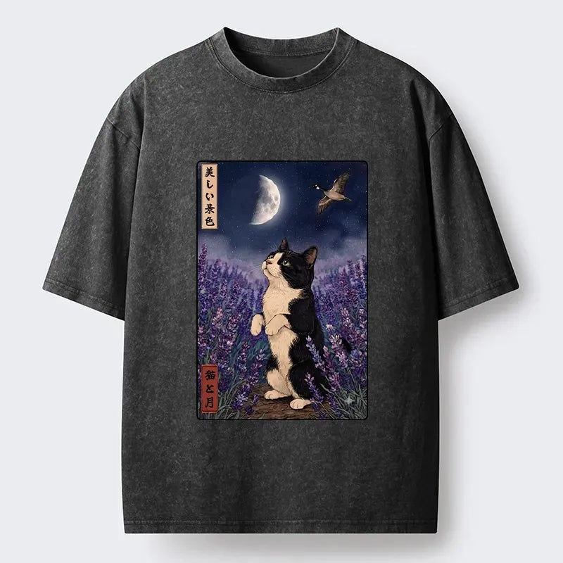 Japanese Cat Moon T-Shirt for Daily Wear