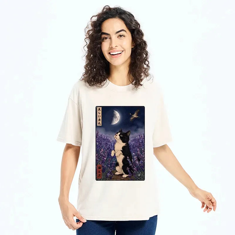Kyoto-Lion Beautiful Night Cat Moon Floral Print Washed T-Shirt