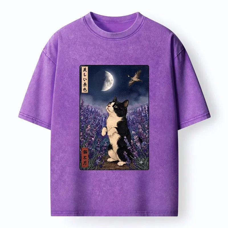 Japanese Cat Moon T-Shirt for Daily Wear