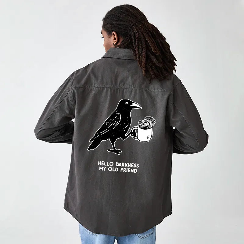 Kyoto-Lion Crow Drinking Black Coffee Funny Men's Corduroy Work Jacket