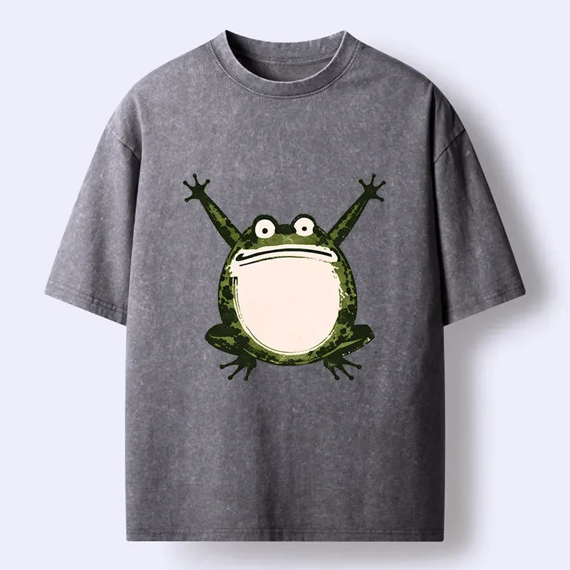 Kyoto-Lion Ukiyoe Funny Frog Washed T-Shirt