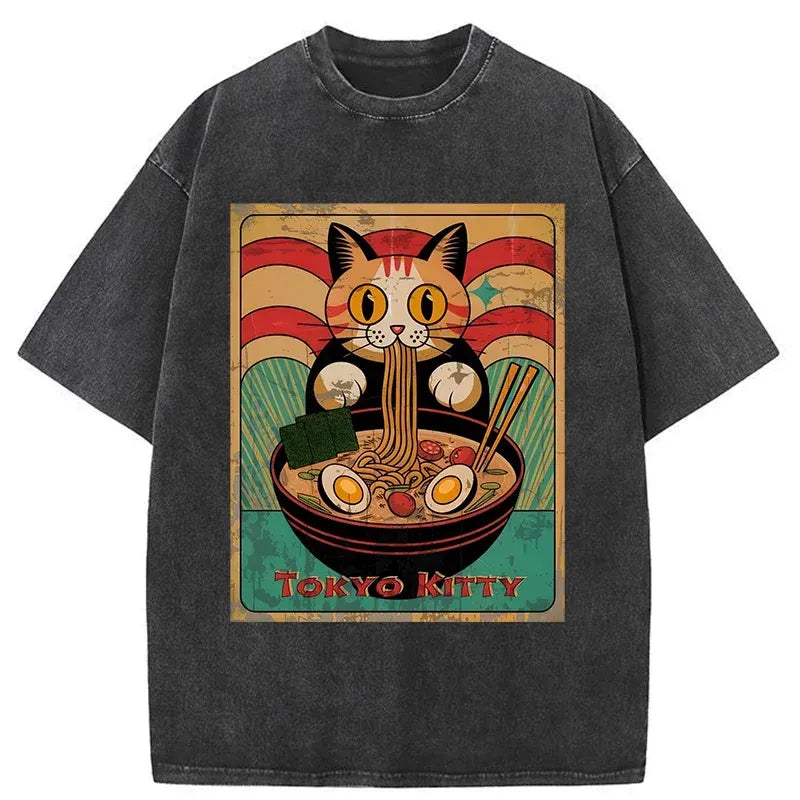 Kyoto-Lion Retro Cat Eating Ramen Japan Washed T-Shirt