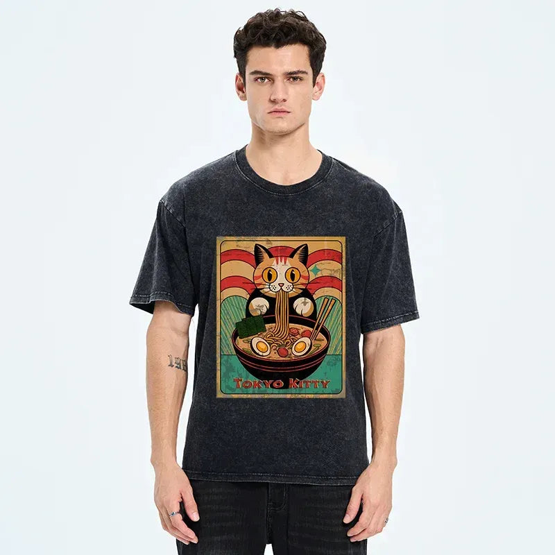Kyoto-Lion Retro Cat Eating Ramen Japan Washed T-Shirt