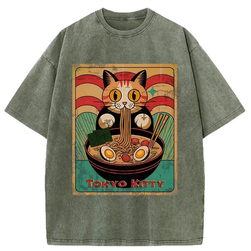 retro cat eating ramen t-shirt