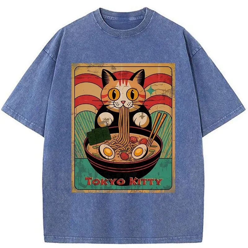 retro cat eating ramen t-shirt