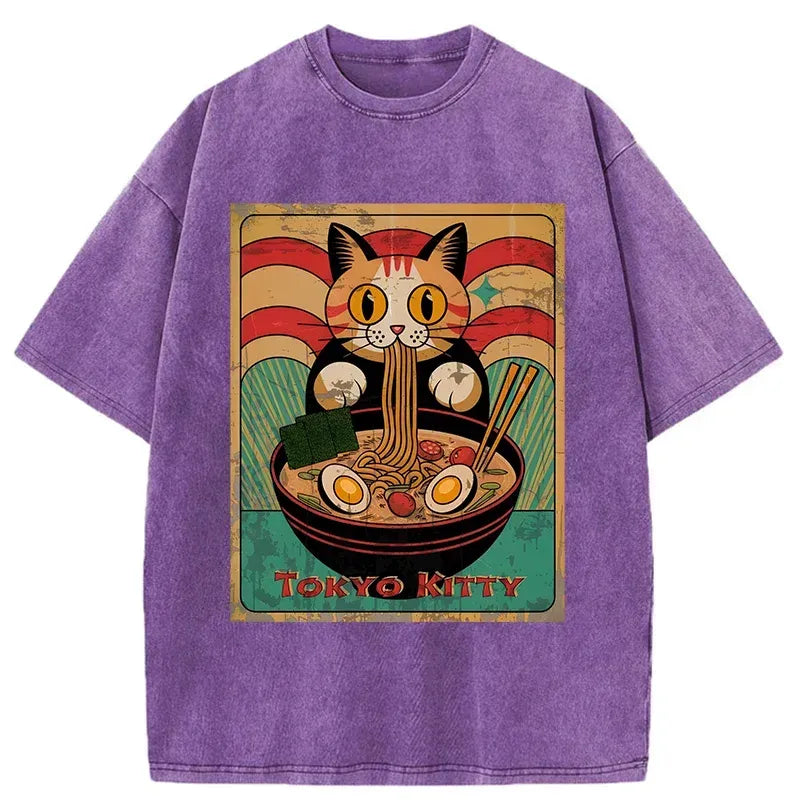retro cat eating ramen t-shirt