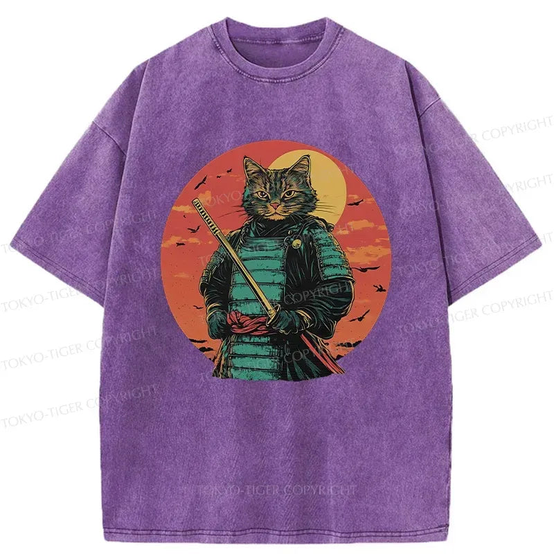 Kyoto-Lion Handsome Cat Samurai Funny Washed T-Shirt