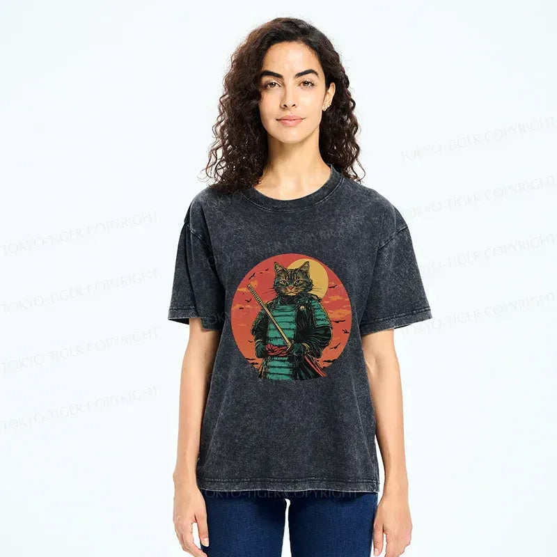 Kyoto-Lion Handsome Cat Samurai Funny Washed T-Shirt