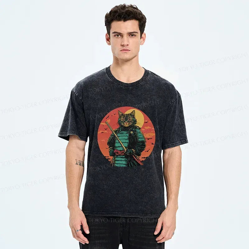 Kyoto-Lion Handsome Cat Samurai Funny Washed T-Shirt