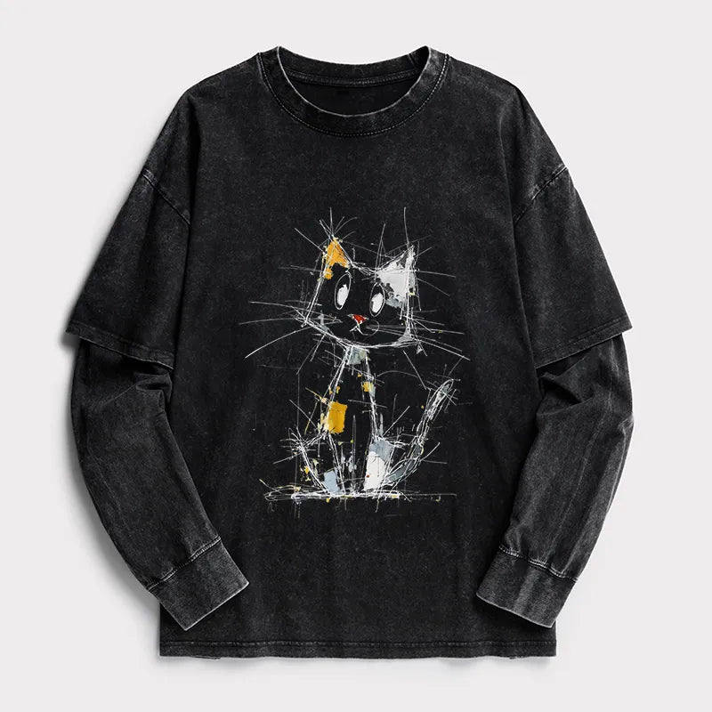 Kyoto-Lion Minimal Splash Ink Cute Cat Washed Double Layer T-Shirt