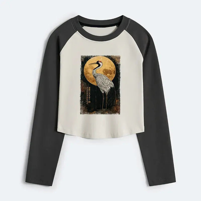 Kyoto-Lion Vintage Japanese Crane Kanji Women's Crop Raglan T-Shirt
