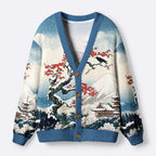 Kyoto-Lion Crow Snow Ancient Temple Ugly Cardigan Sweater