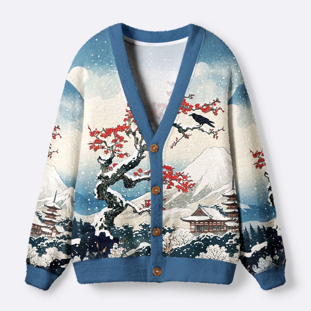 Kyoto-Lion Crow Snow Ancient Temple Ugly Cardigan Sweater