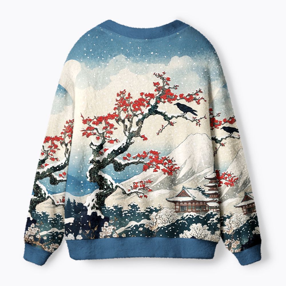 Kyoto-Lion Crow Snow Ancient Temple Ugly Cardigan Sweater