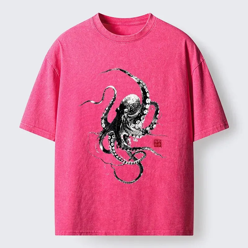 Kyoto-Lion Traditional Japanese Octopus Painting Washed T-Shirt