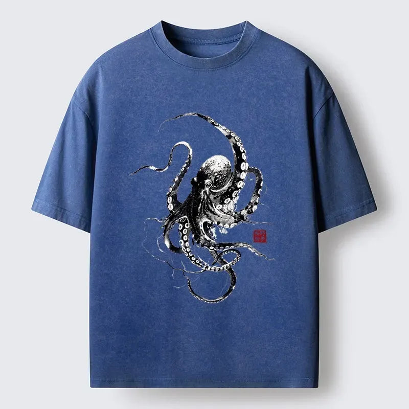 Kyoto-Lion Traditional Japanese Octopus Painting Washed T-Shirt