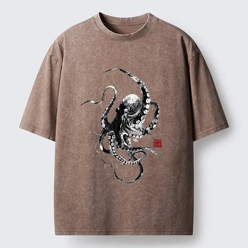 Kyoto-Lion Traditional Japanese Octopus Painting Washed T-Shirt
