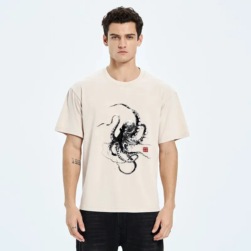 Kyoto-Lion Traditional Japanese Octopus Painting Washed T-Shirt