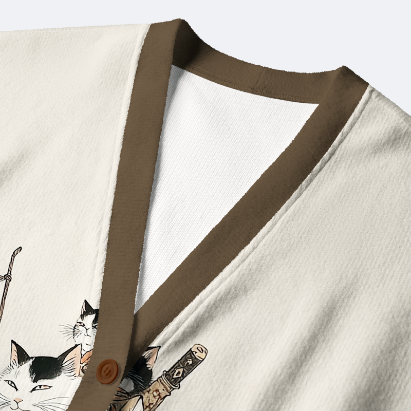 Kyoto-Lion Samurai Cats Assemble Ugly Cardigan Sweater