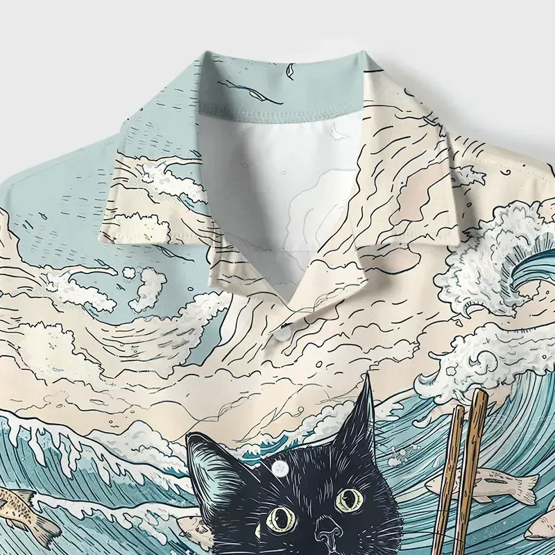 Kyoto-Lion Naughty Cat Eating Ramen Cuban Collar Shirt