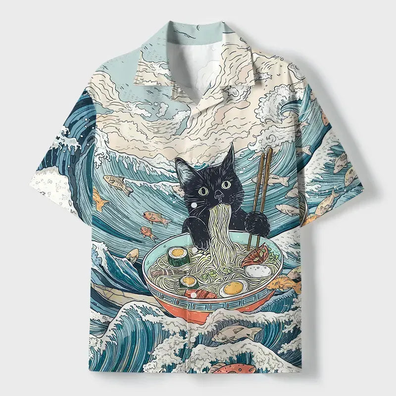 Kyoto-Lion Naughty Cat Eating Ramen Cuban Collar Shirt