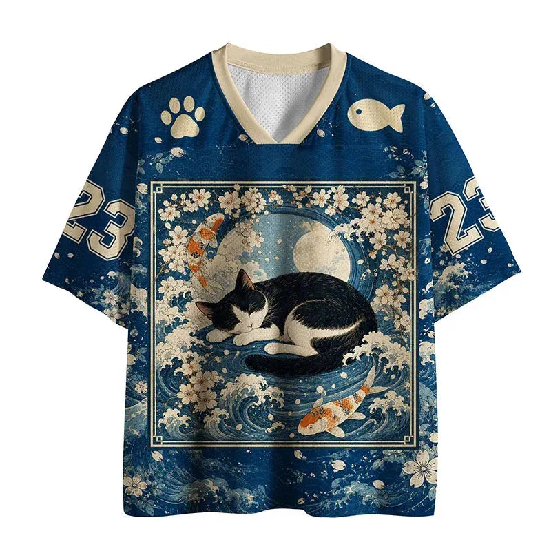 Kyoto-Lion Sleeping Cat And Waves Mesh Jersey