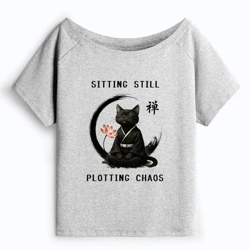 Kyoto-Lion Sitting still plotting chaos Calming Zen Cat Funny Off Shoulder T-Shirt