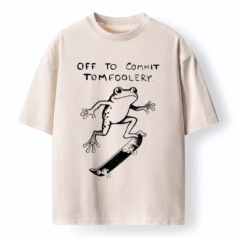 Kyoto-Lion Playful Frog Skateboarding Washed T-Shirt