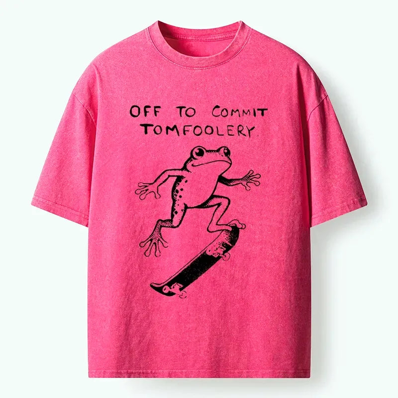 Kyoto-Lion Playful Frog Skateboarding Washed T-Shirt