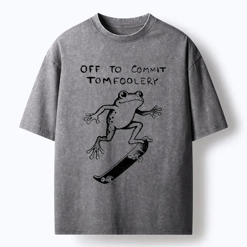 Kyoto-Lion Playful Frog Skateboarding Washed T-Shirt
