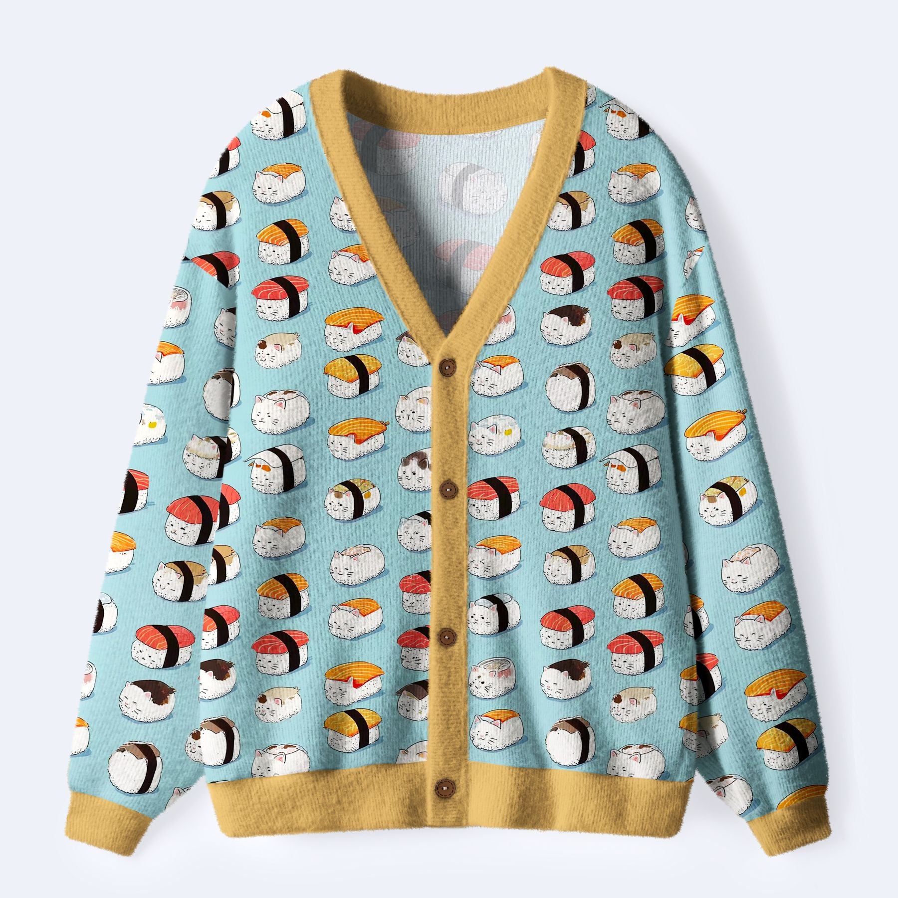 Kyoto-Lion Funny Cat Sushi Ugly Cardigan Sweater
