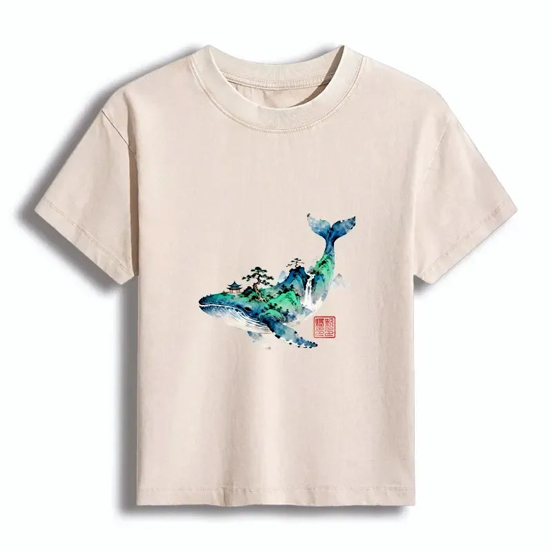 Kyoto-Lion Whale Ink Painting Landscape Women's Washed T-shirt