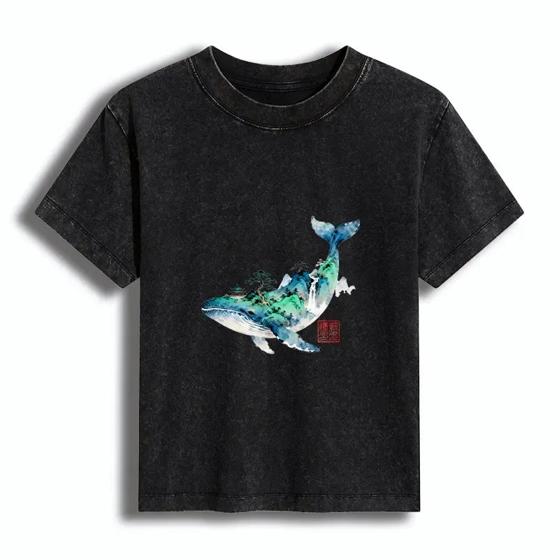 Kyoto-Lion Whale Ink Painting Landscape Women's Washed T-shirt