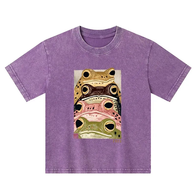 Kyoto-Lion Whimsical Multi Colored Frog Art Kids Washed T-Shirt