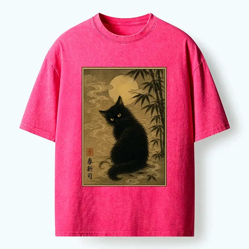 Kyoto-Lion Black Cat Under The Moonlight Washed T-Shirt