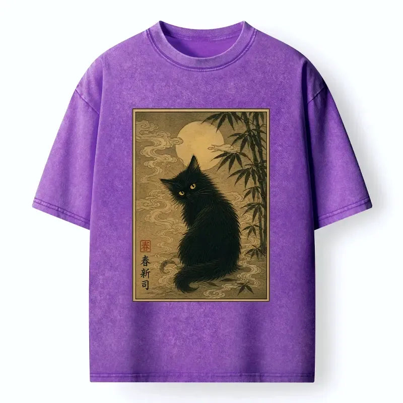 Kyoto-Lion Black Cat Under The Moonlight Washed T-Shirt