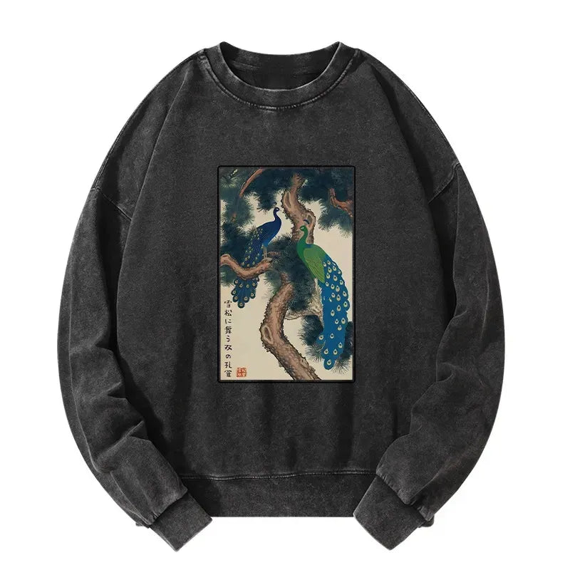 Kyoto-Lion Peacocks in Snowy Pines Washed Sweatshirt